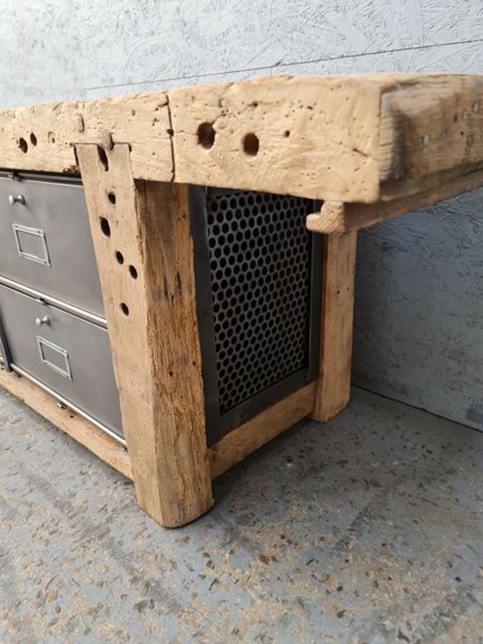 Old established furniture low industrial TV vintage oak and metal