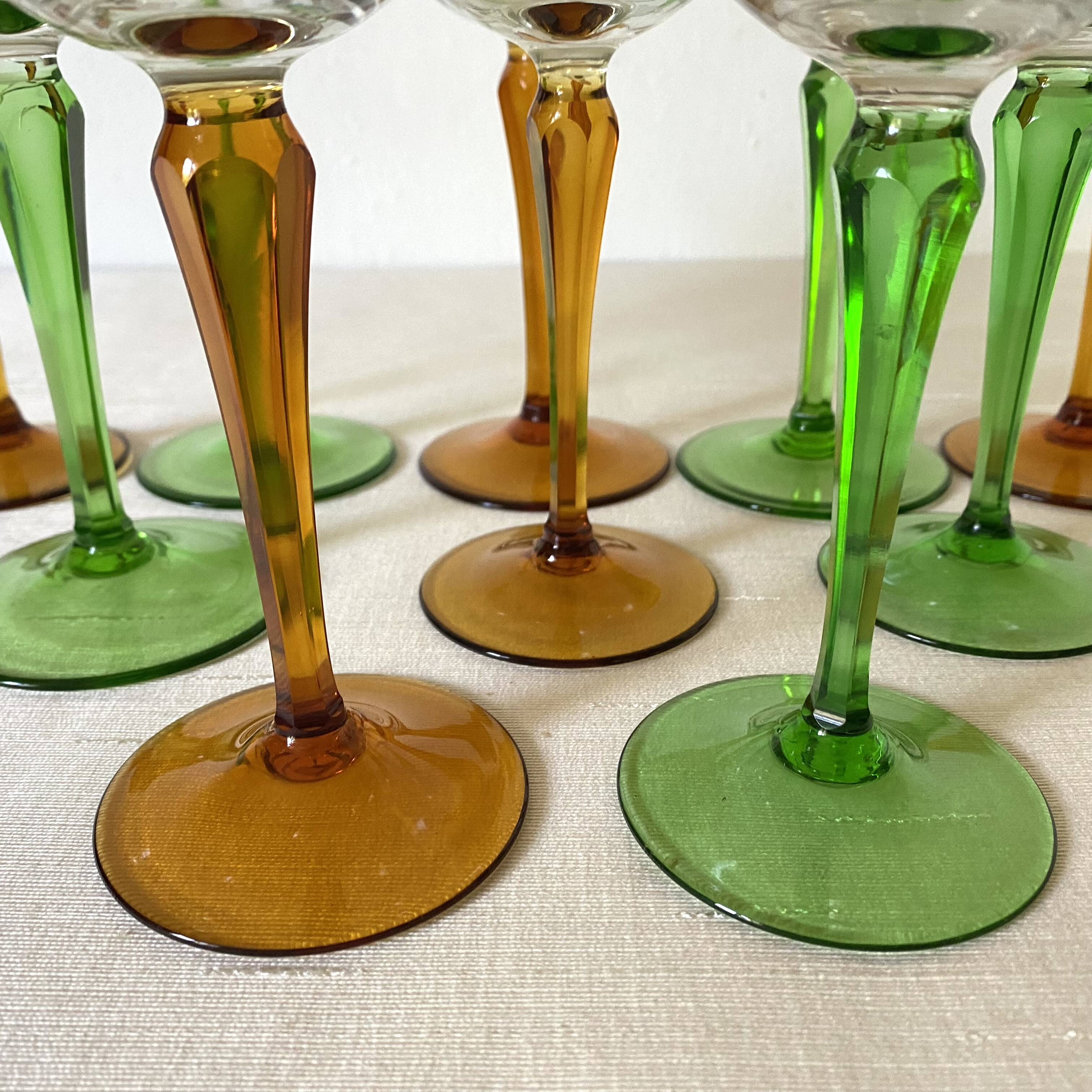 Vintage stemmed glasses, green or amber stem