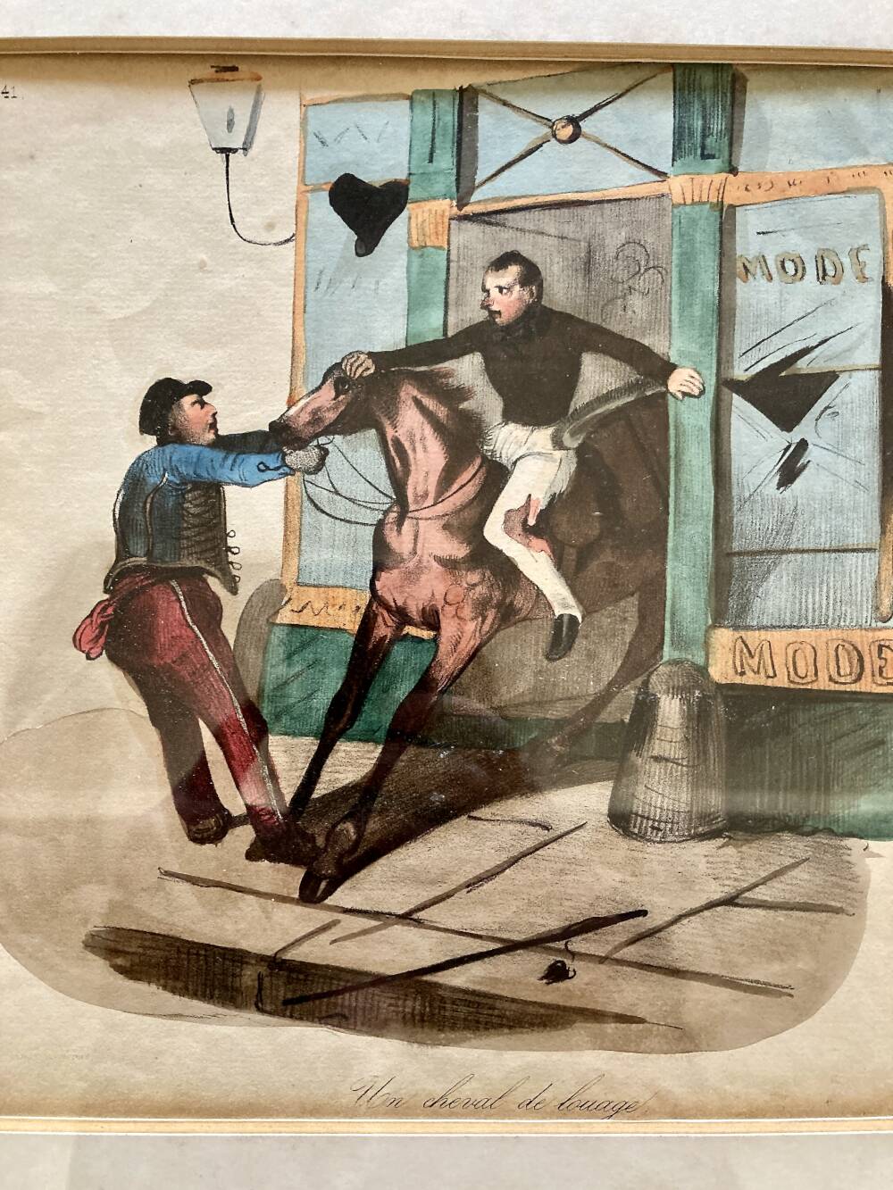 Antique lithograph Le Charivari 1844 framed – 19th-century gilded frame