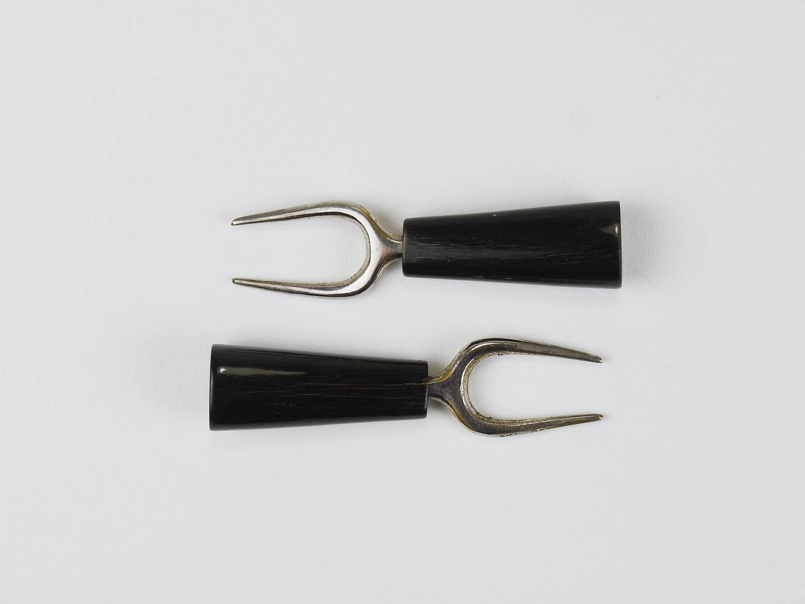 Carl Aubock Pair Forks, Horn, Brass, Leather Holder, Corn Cob Skewers 1930s