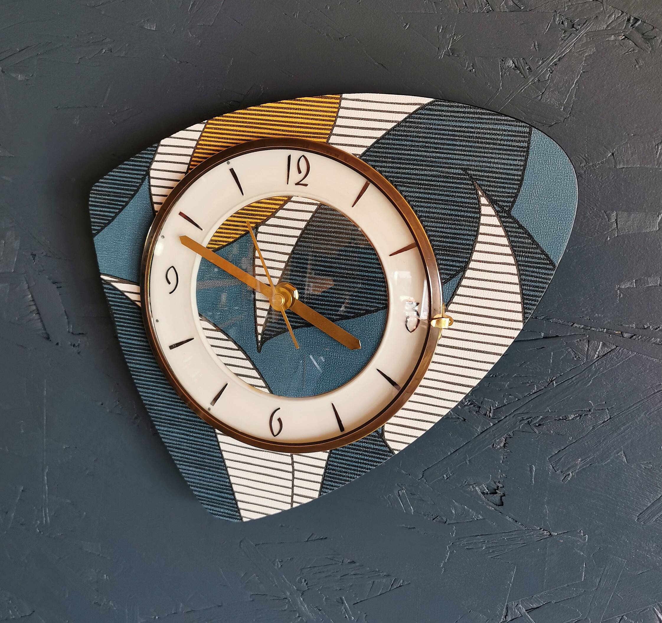 Vintage silent wall pendulum clock from the 60s asymmetrical "Striped blue white ocher"