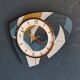 Vintage silent wall pendulum clock from the 60s asymmetrical "Striped blue white ocher"