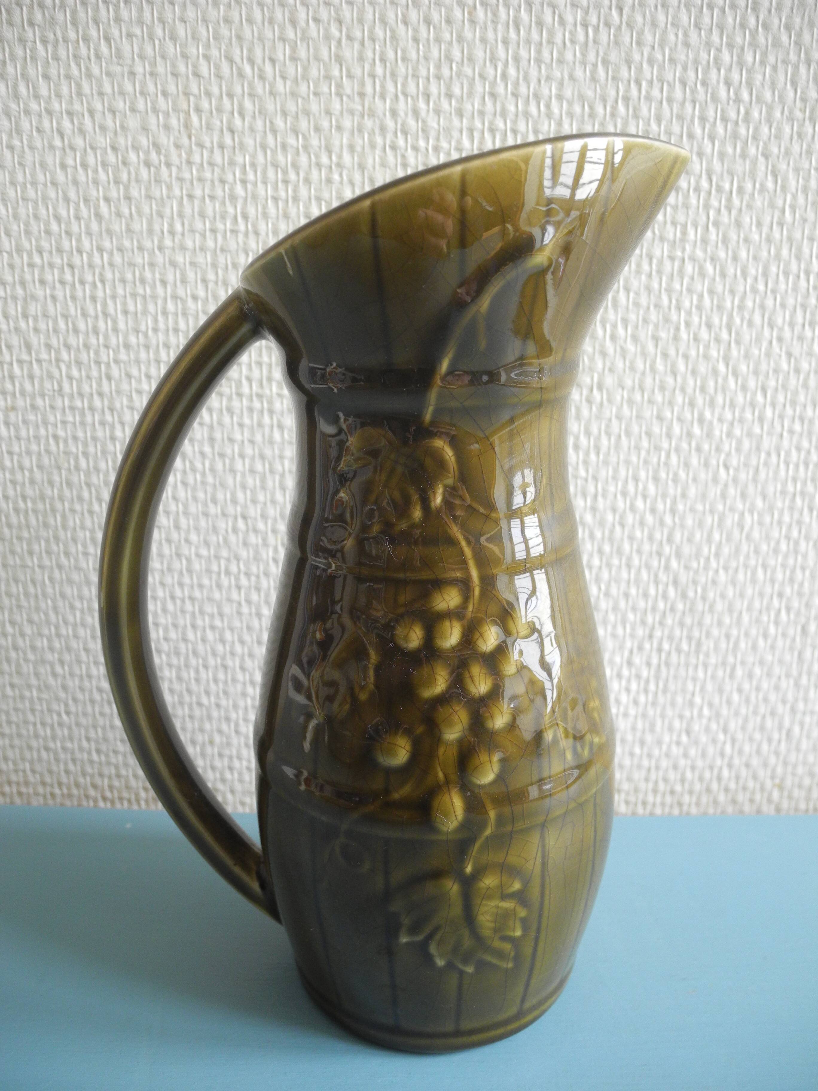 Old earthenware pitcher Sarreguemines wine old french pitcher wine 30s
