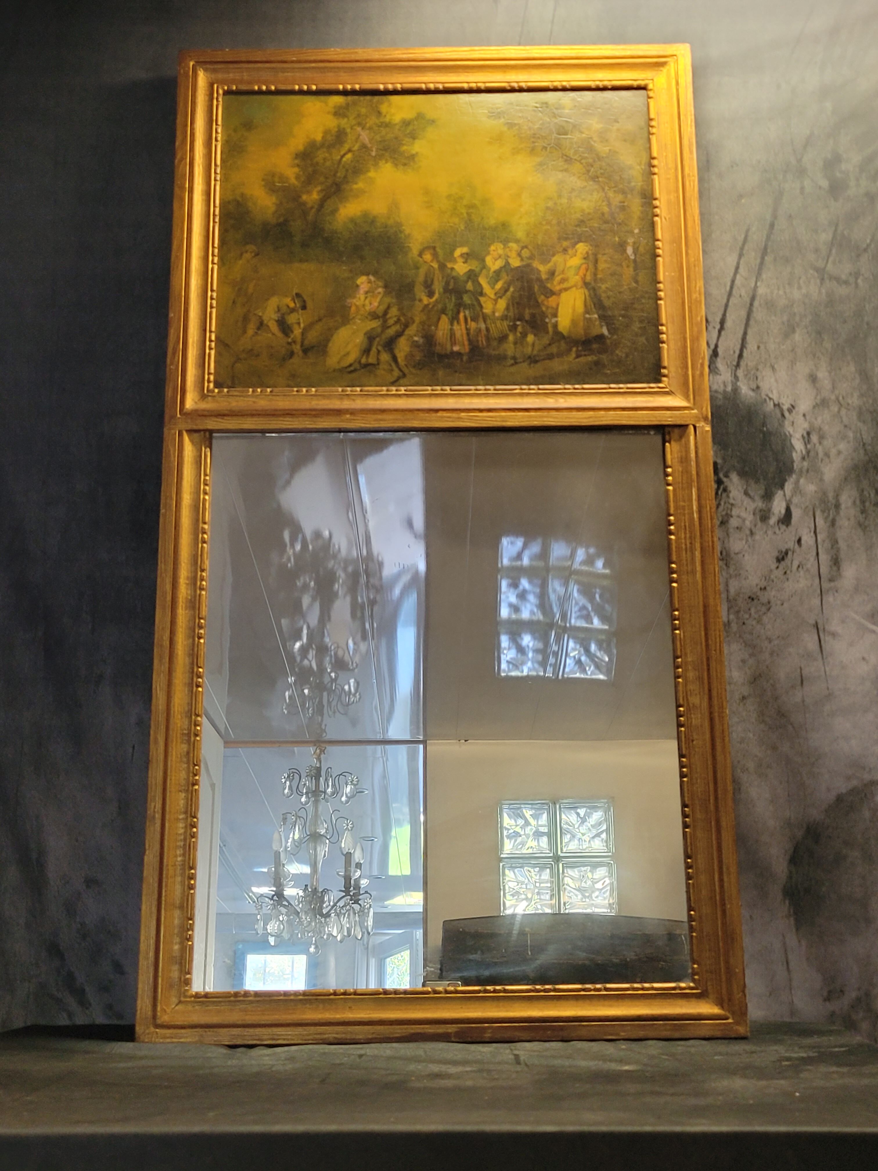 Gilded wooden trumeau surmounted by a gallant scene - 1900