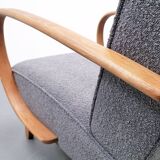 Jindrich Halabala armchair in curved wood, gray bouclette, 1930