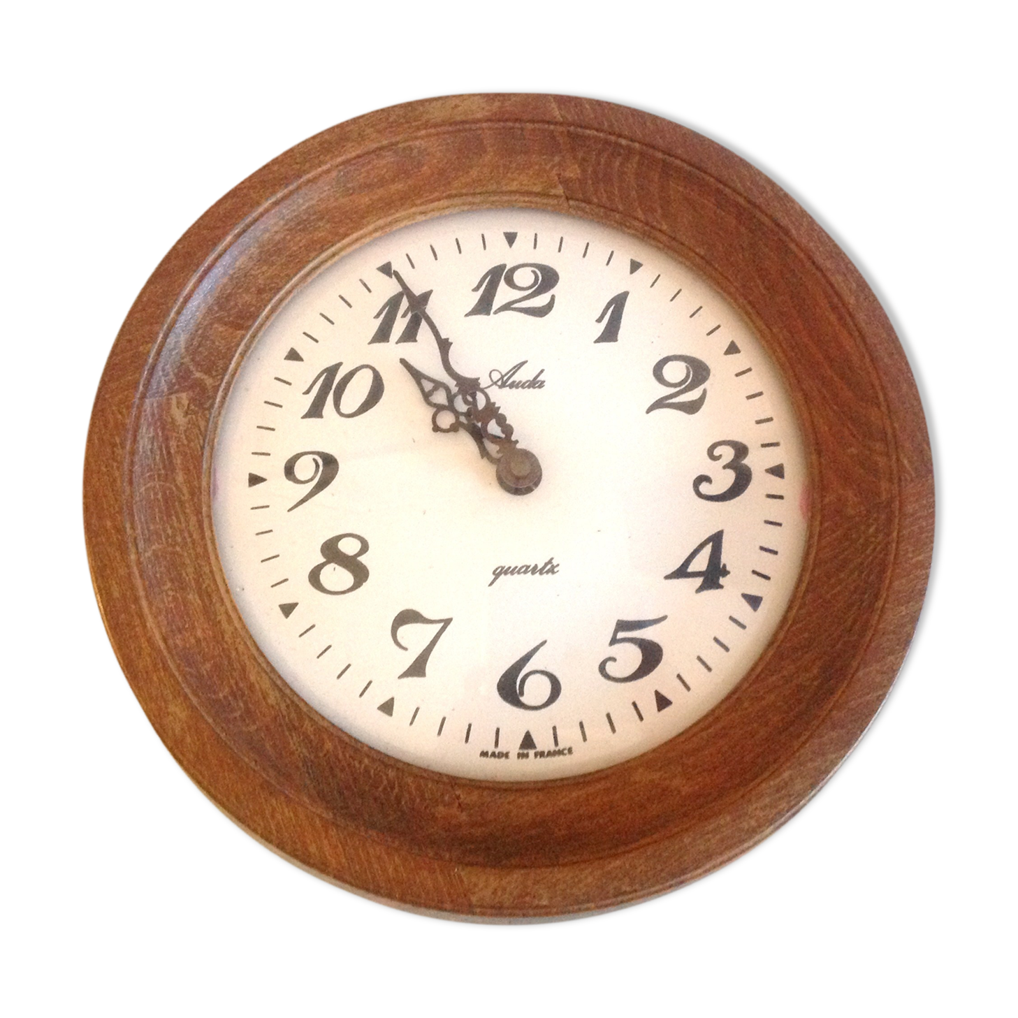 Old round wooden clock, vintage 70