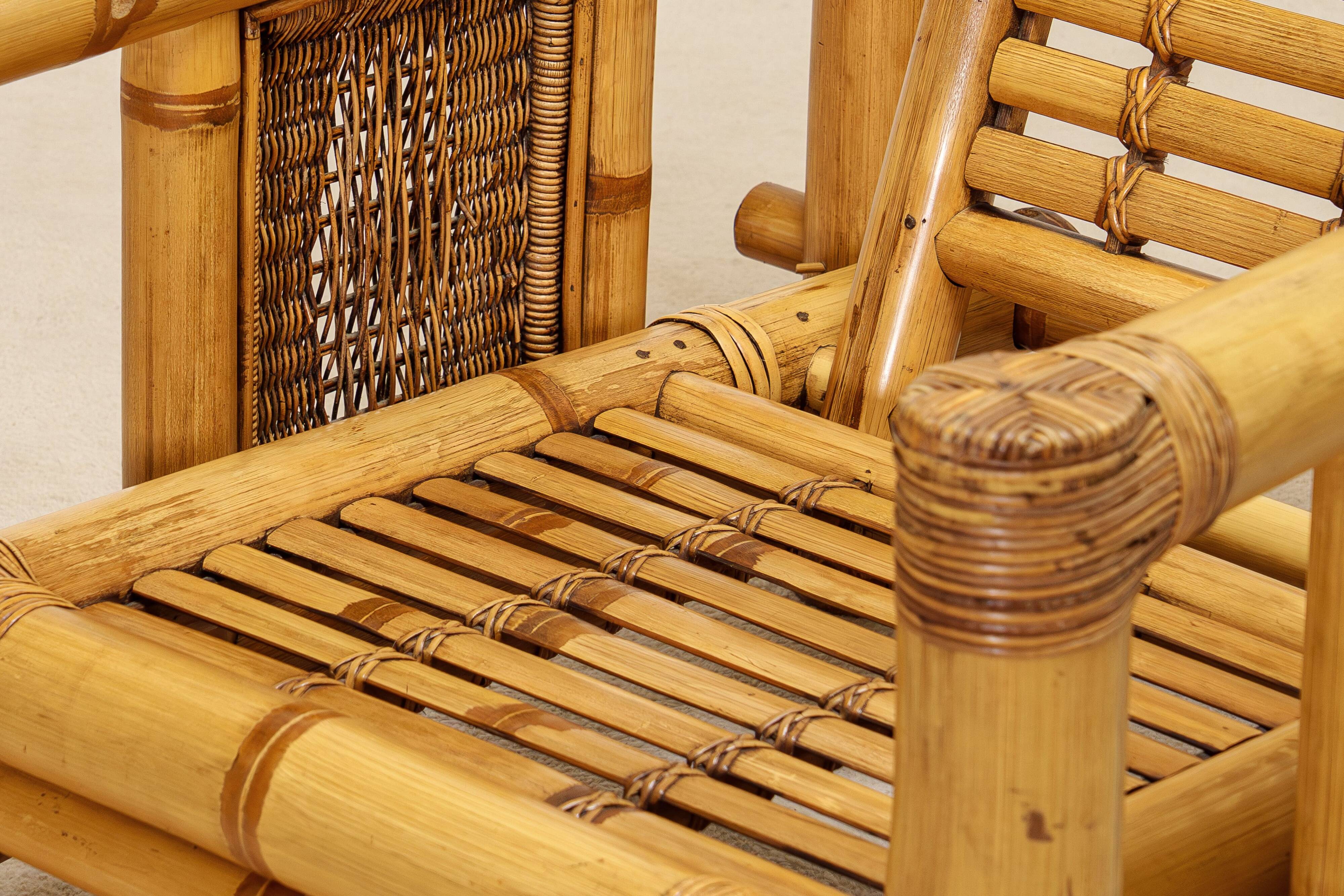 Paire de fauteuils en bambou, coussins Pierre Frey, travail français, vers 1960-70