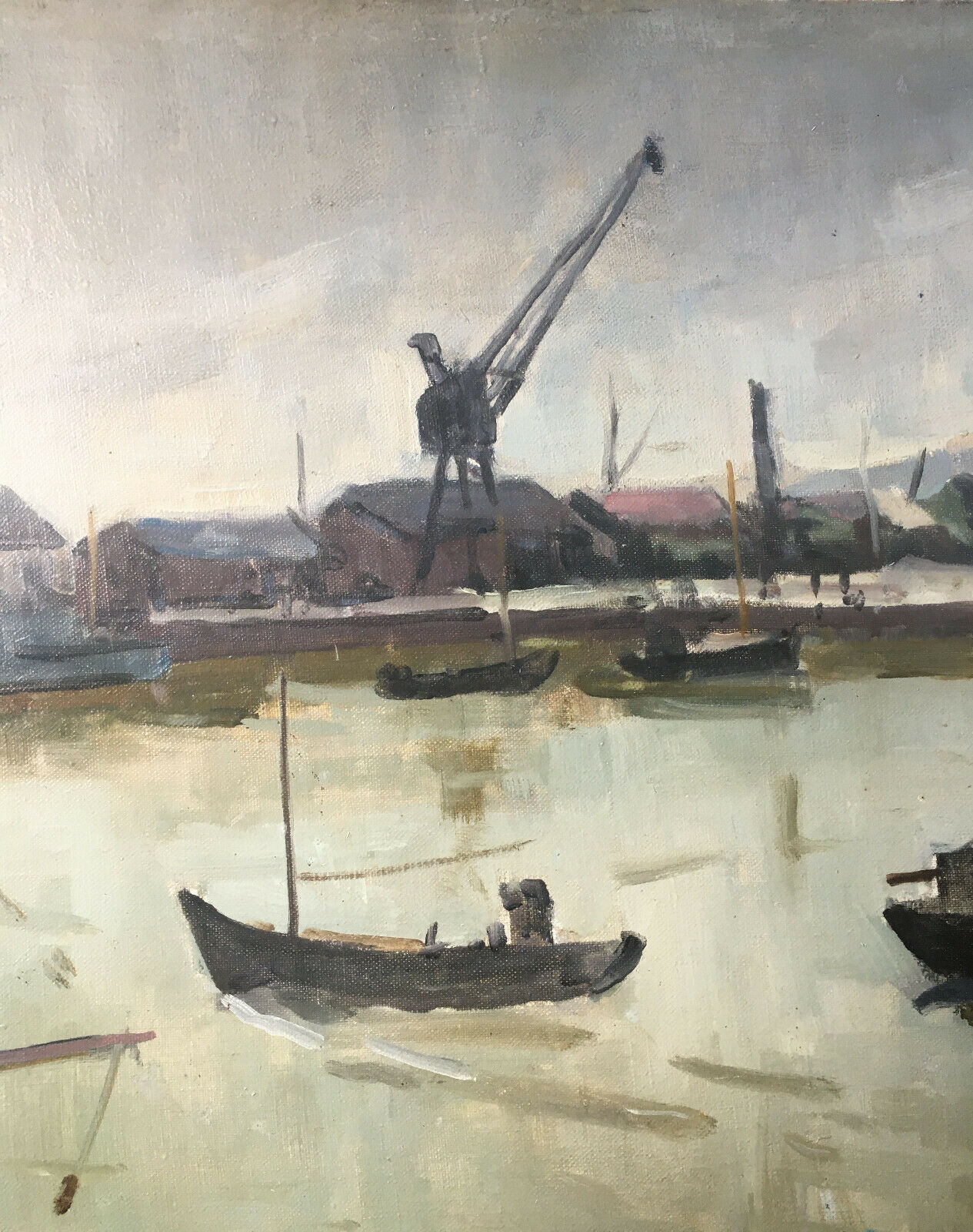 Painting Piet VOLCKAERT (1902-1973) HST Docked boats with urban marine crane