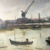 Painting Piet VOLCKAERT (1902-1973) HST Docked boats with urban marine crane