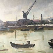 Painting Piet VOLCKAERT (1902-1973) HST Docked boats with urban marine crane