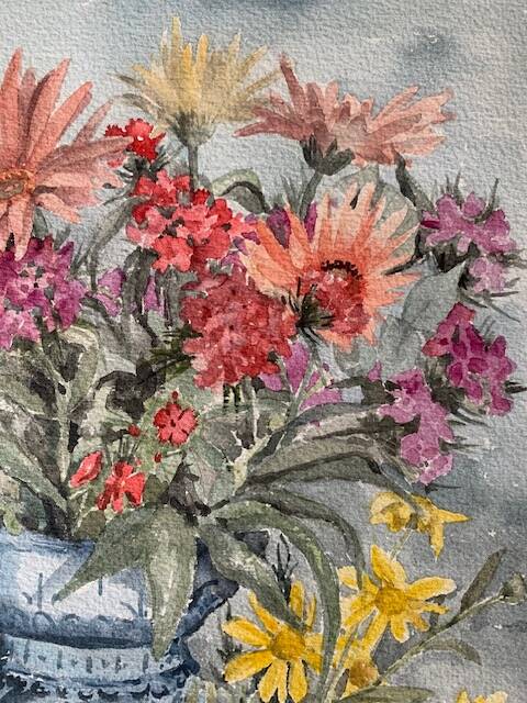 Old watercolor signed Jany. F. Millet (1926-1992), bouquet of flowers under framed glass, 1950