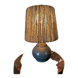 Lampe à poser vintage grès bleu et abat jour en corde