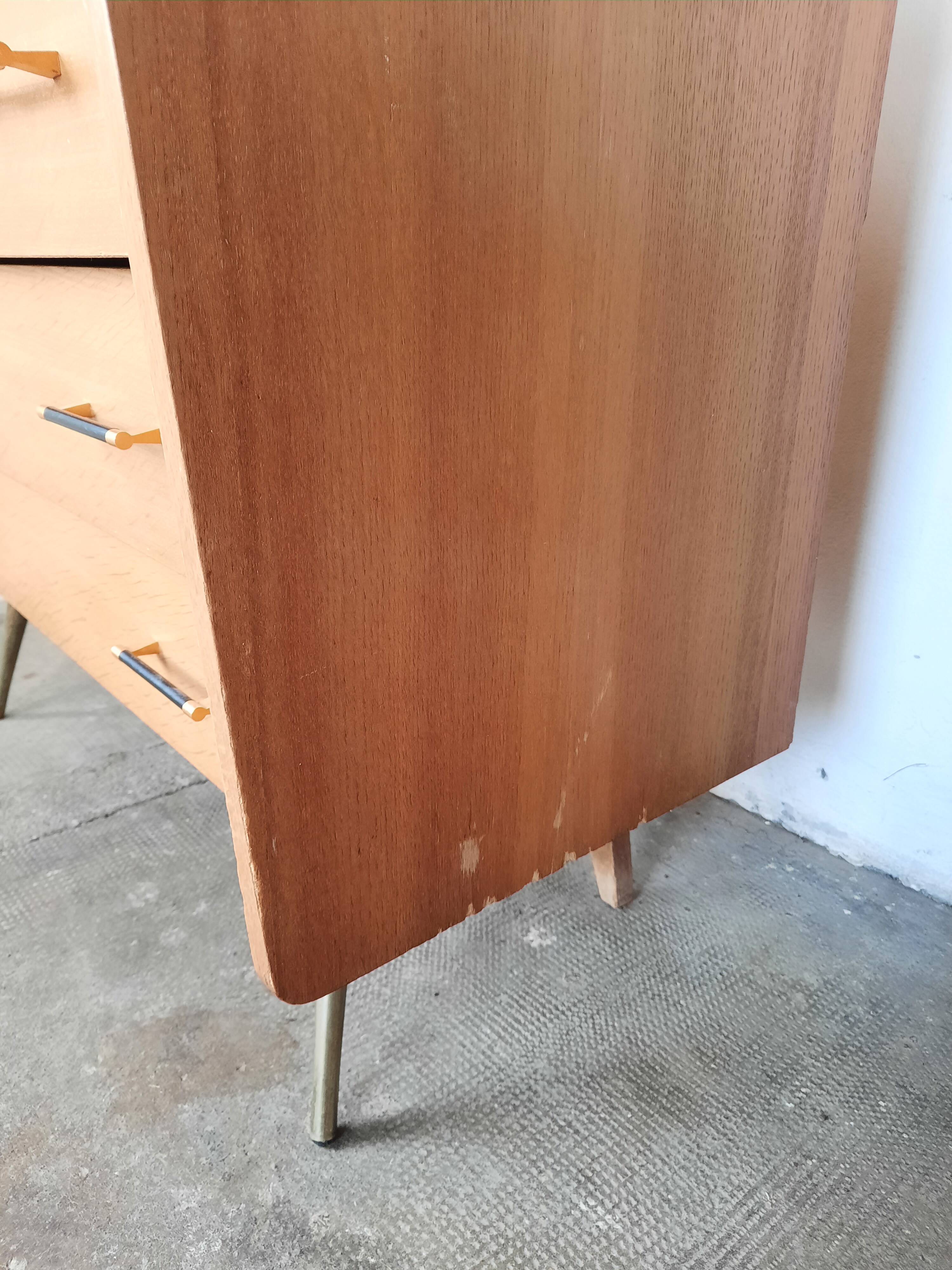 Vintage light oak chest of drawers, brass base