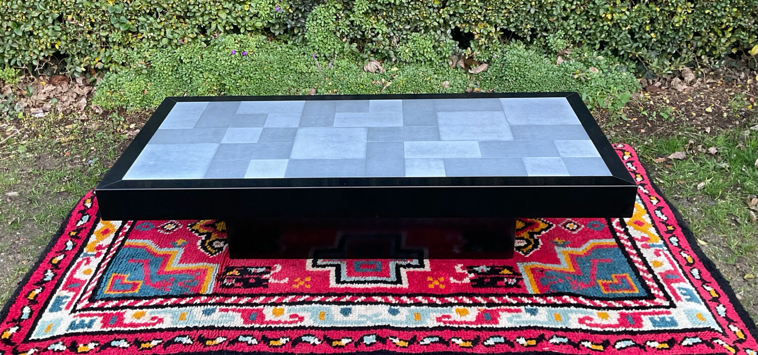 Vintage coffee table in stainless steel and black lacquered wood.