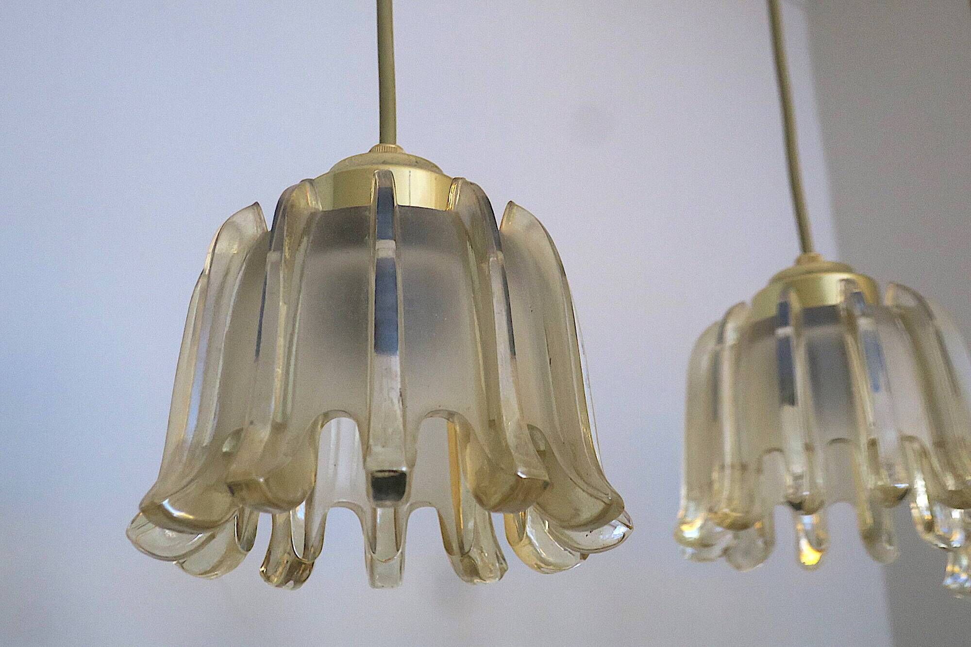Set of 5 Doria  pendant lights in brass and amber-coloured glass, 1960s