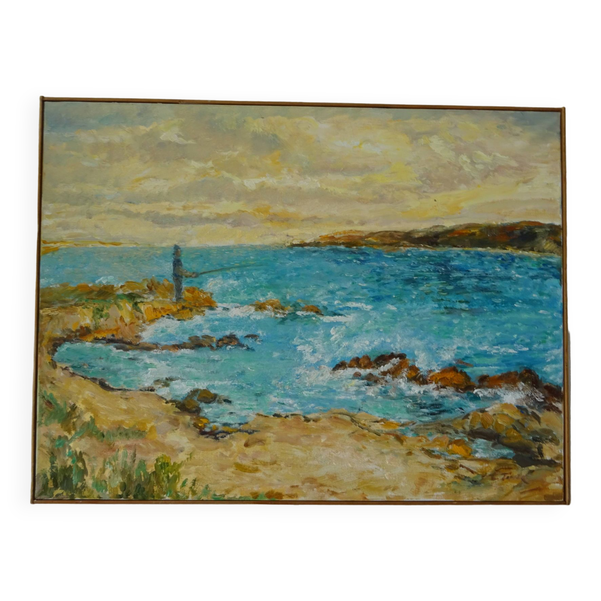 Seaside fisherman painting oil on canvas signed