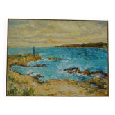Seaside fisherman painting oil on canvas signed