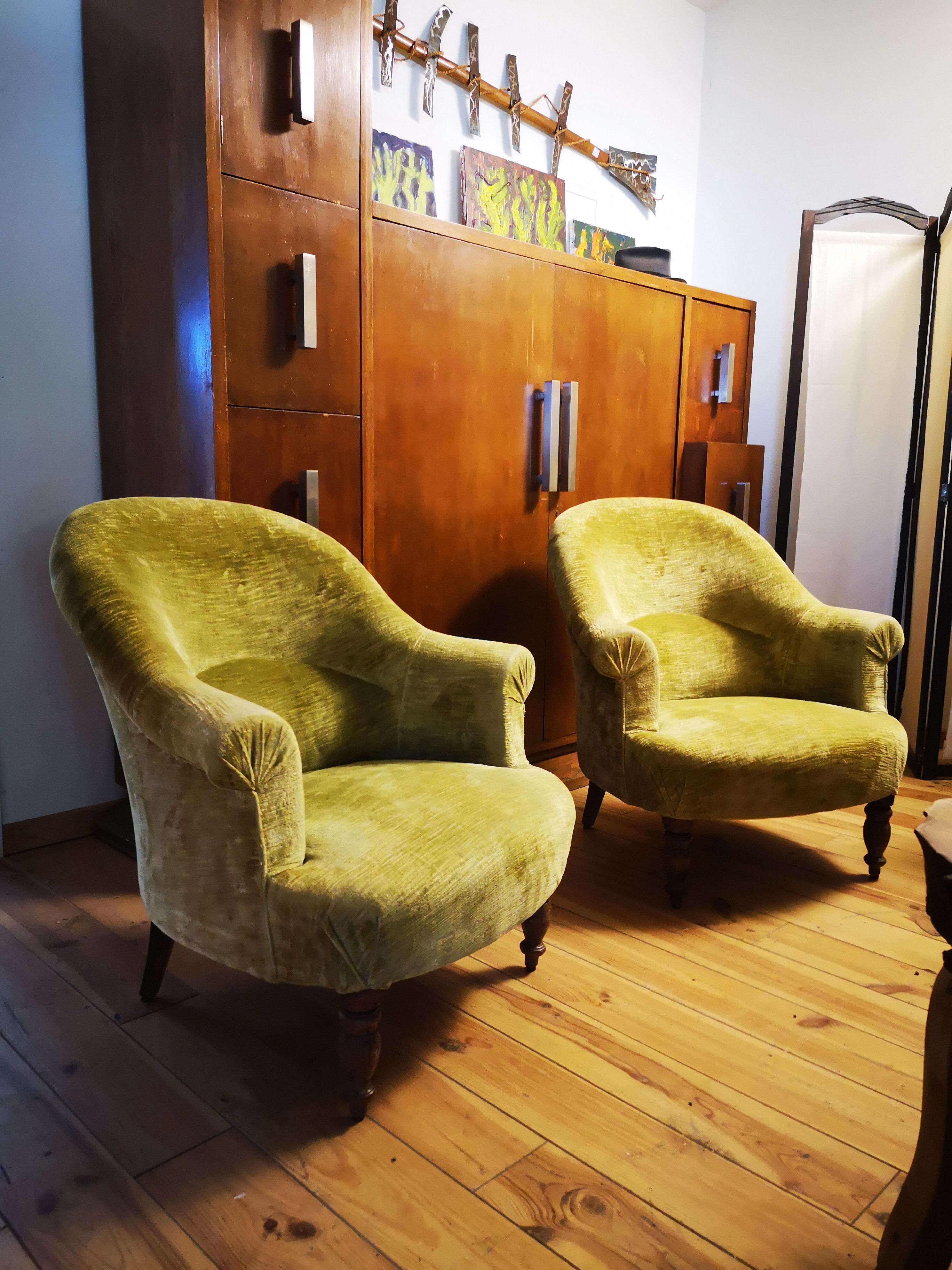 Pair of original tapestry velvet toad armchairs