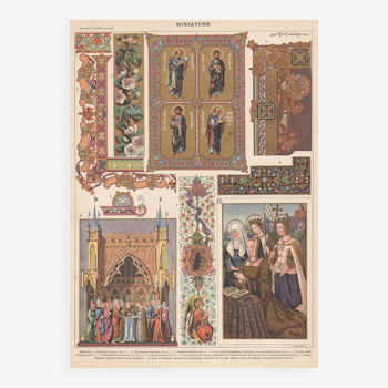 Planche lithographie ancienne sur les miniatures et ornements religieux en 1900