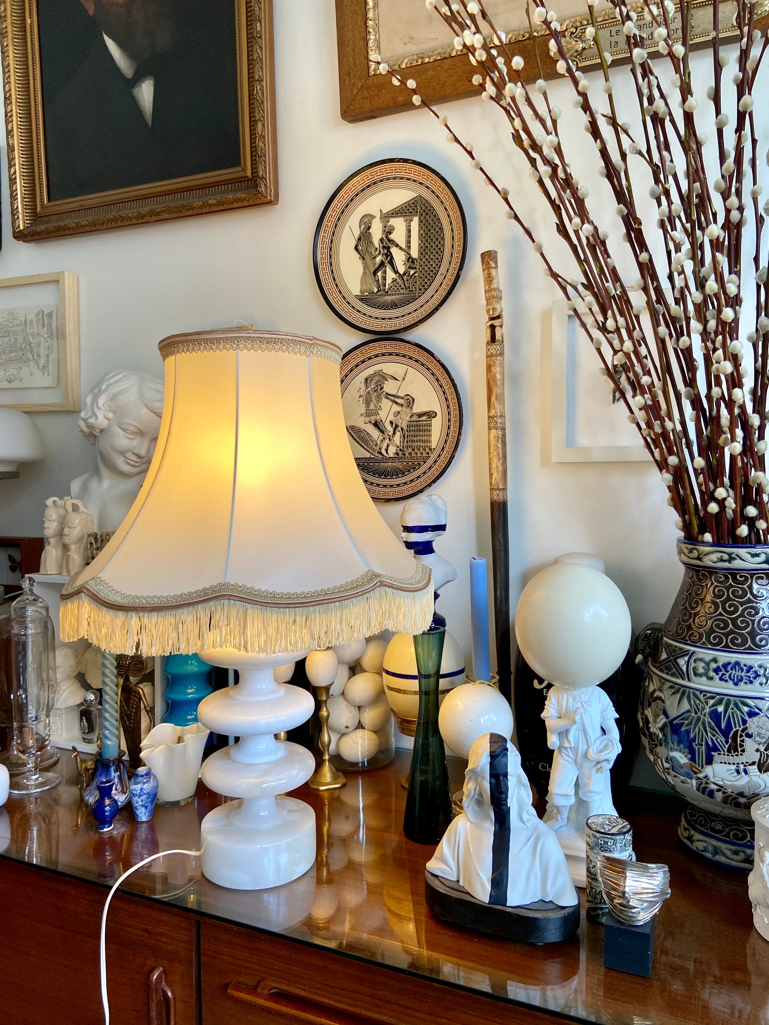 Alabaster table lamp and beige cotton