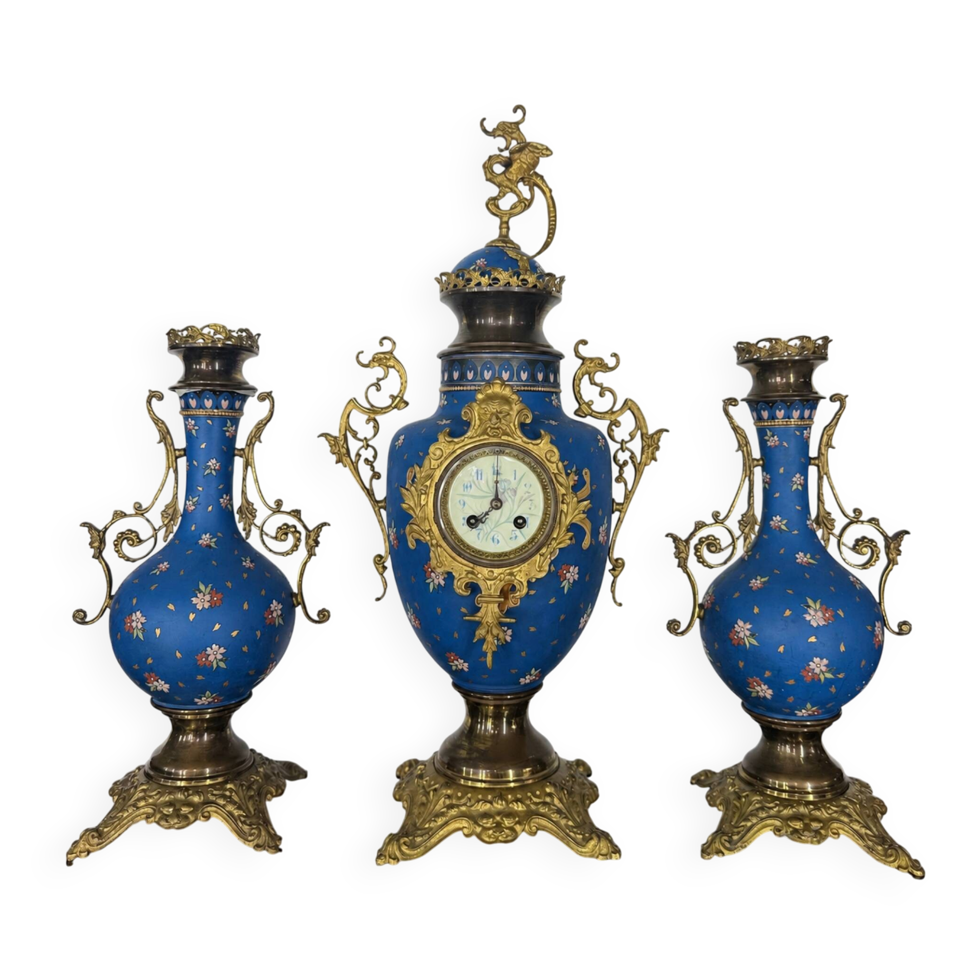 Garniture de cheminée Napoléon III en faïence Villeroy & Boch Mettlach