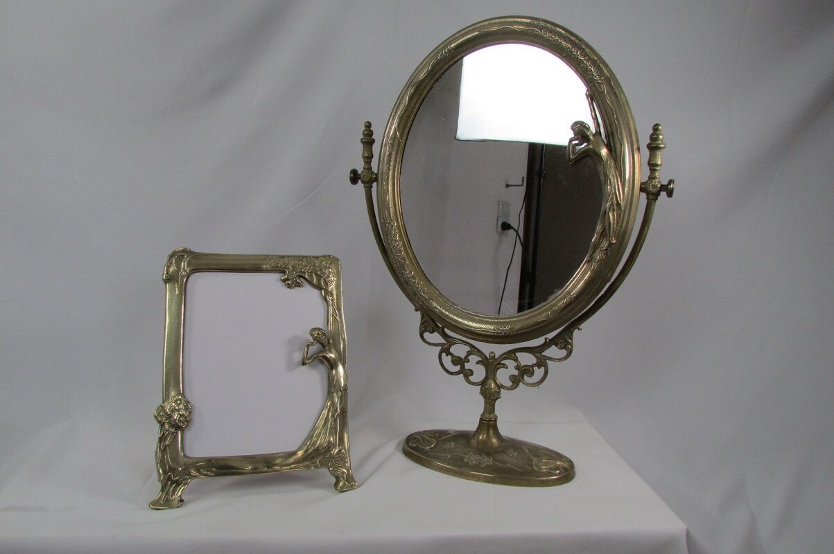 Tilting table mirror and art nouveau photo holder in bronze
