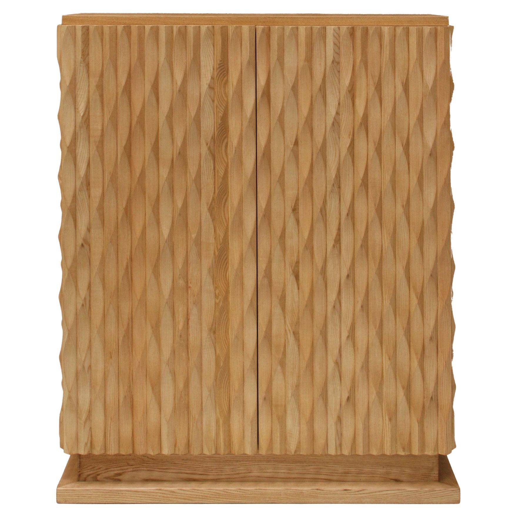 Brutalist Style Hand-carved Solid Oak Wood and Glass Mirror Italian Bar Cabinet