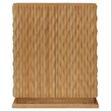 Brutalist Style Hand-carved Solid Oak Wood and Glass Mirror Italian Bar Cabinet