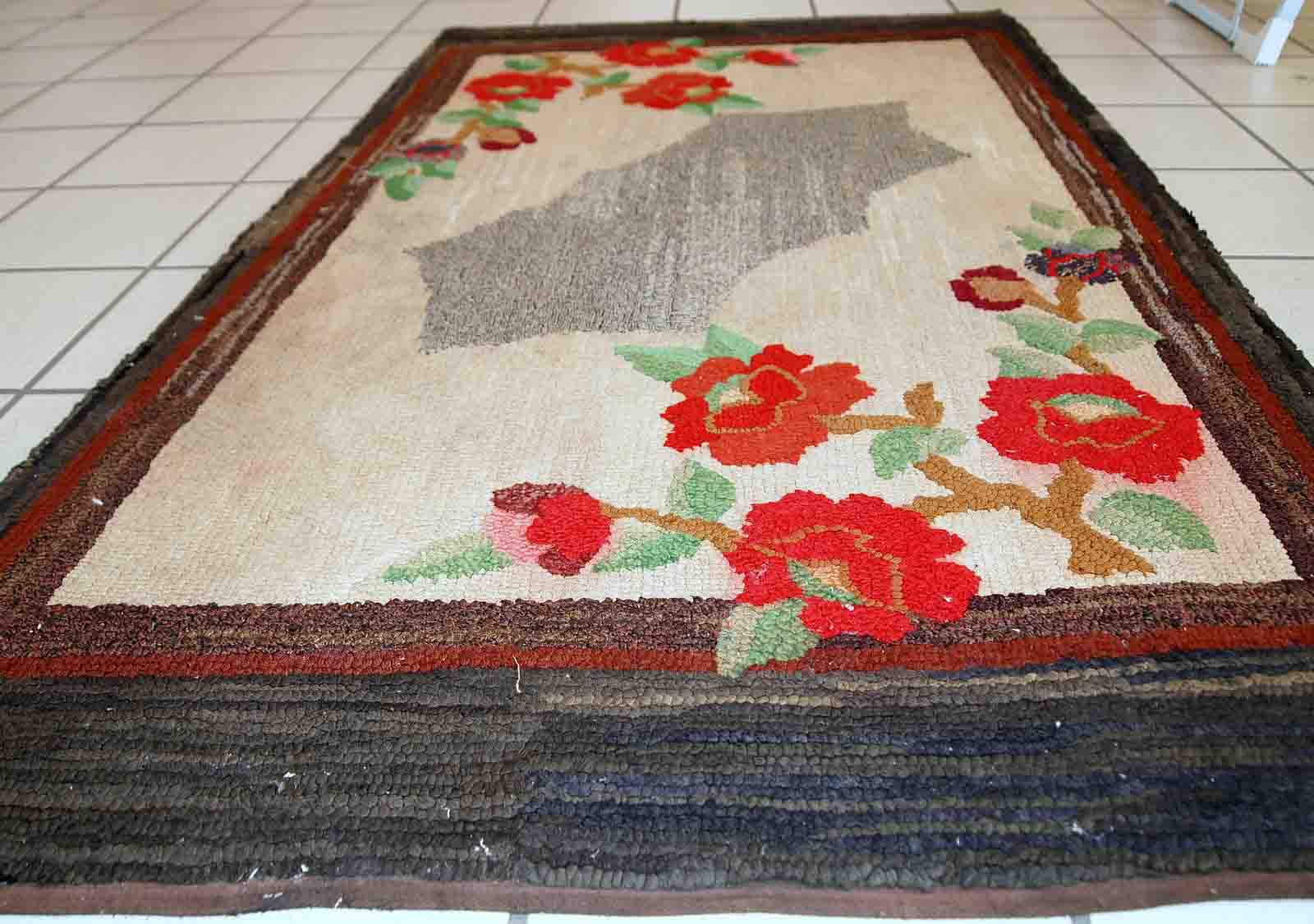 Old American Carpet Hooked handmade 78cm x 138cm 1920s, 1C705