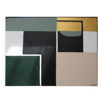 Green and gold painting on stretched canvas 100x81 cm