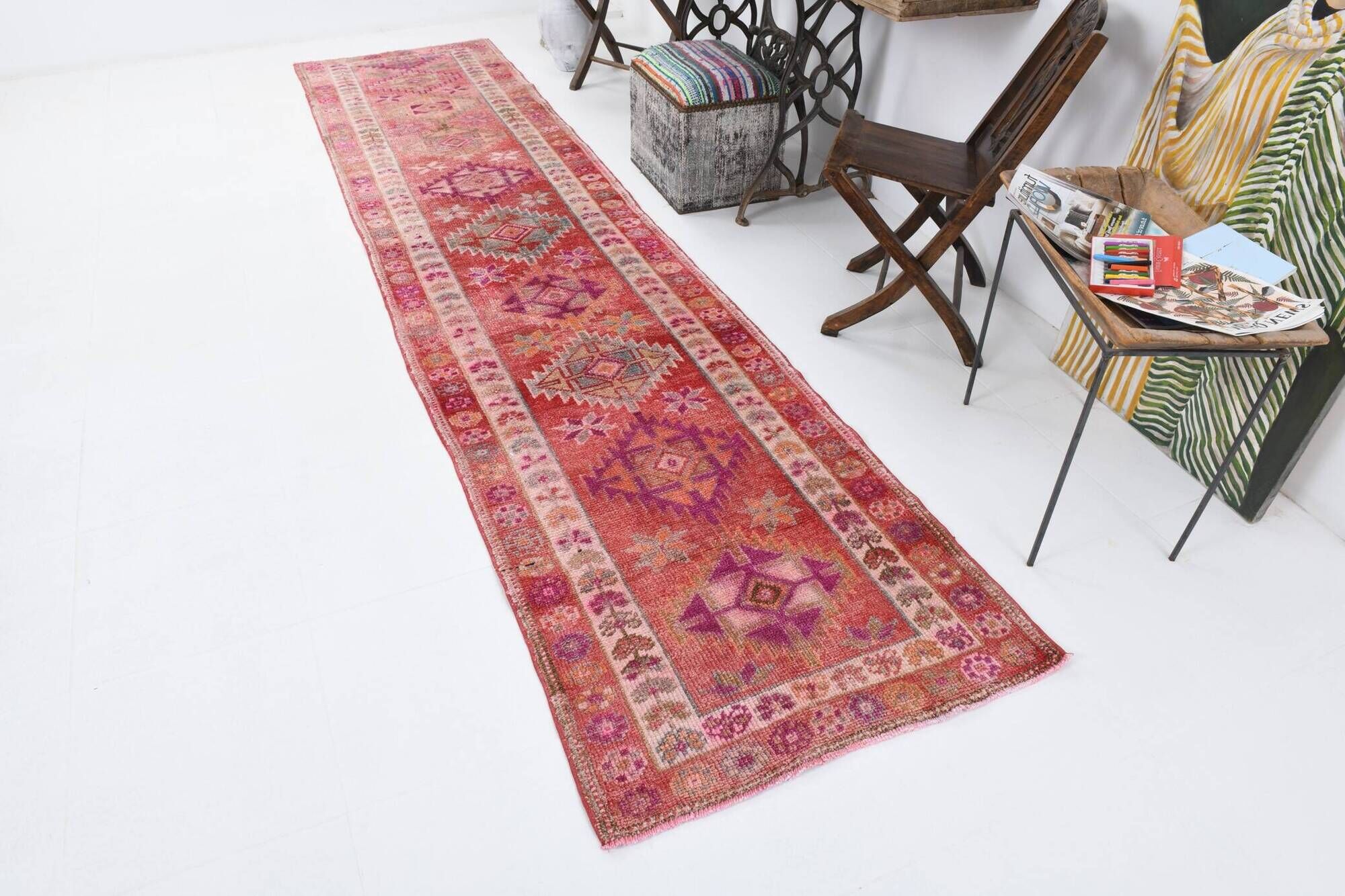 3x12 Vintage Pink & Red Turkish Runner Rug, Super Soft Rug, 86x378Cm