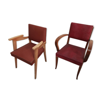 Lot 2 fauteuils bridges skaï rouge bordeaux année 50