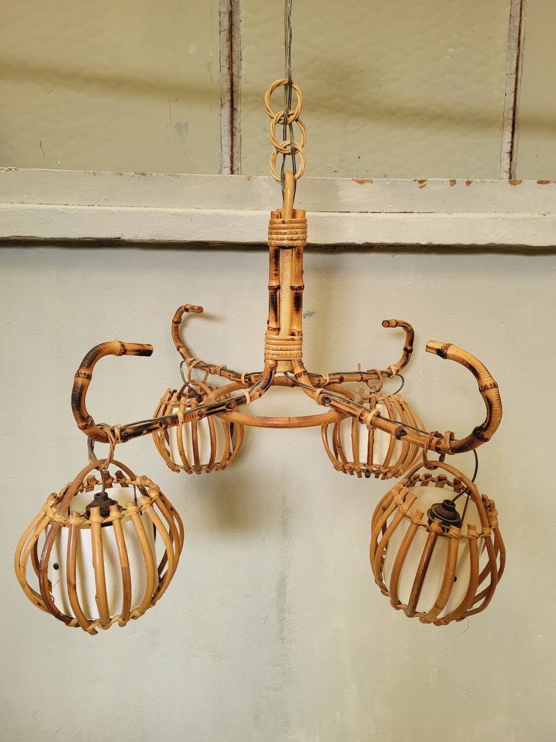 Vintage rattan chandelier 60s 4 branches