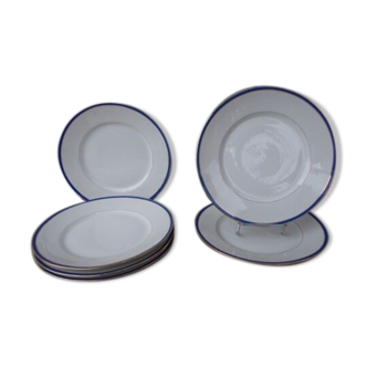 6 assiettes dessert Porcelaine de Limoges filets bleu et or