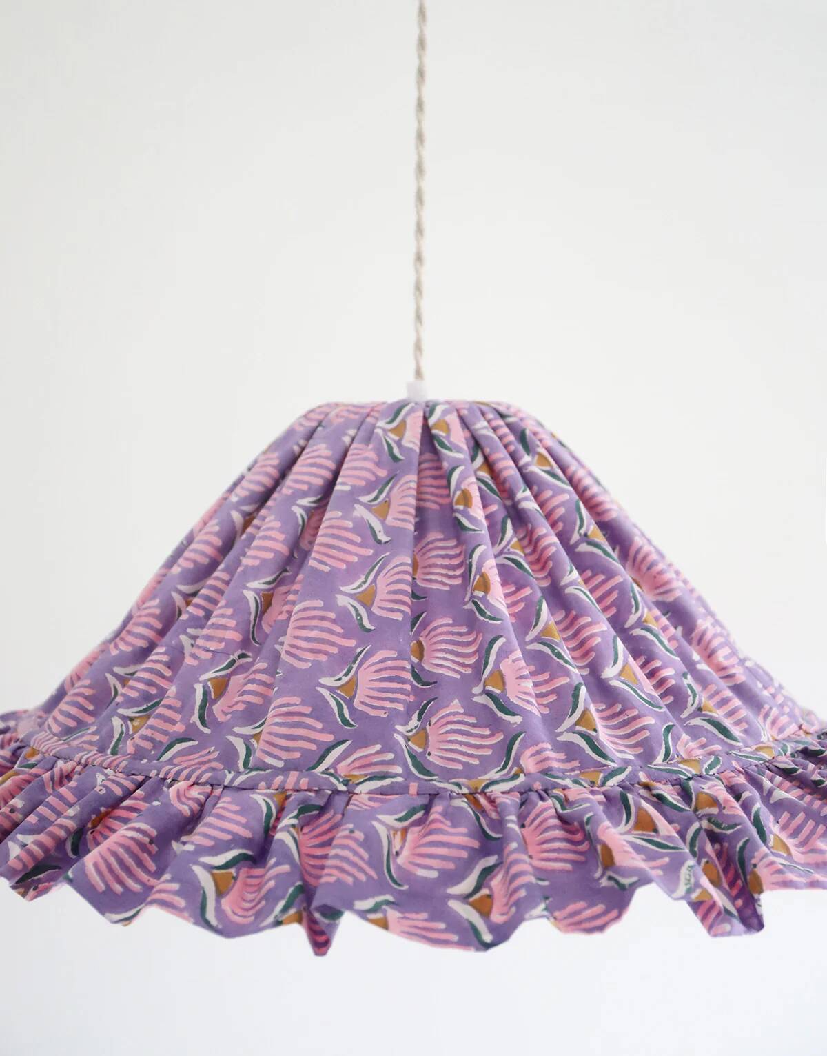 Emilia "purple shell flowers" conical textile suspension with flounce