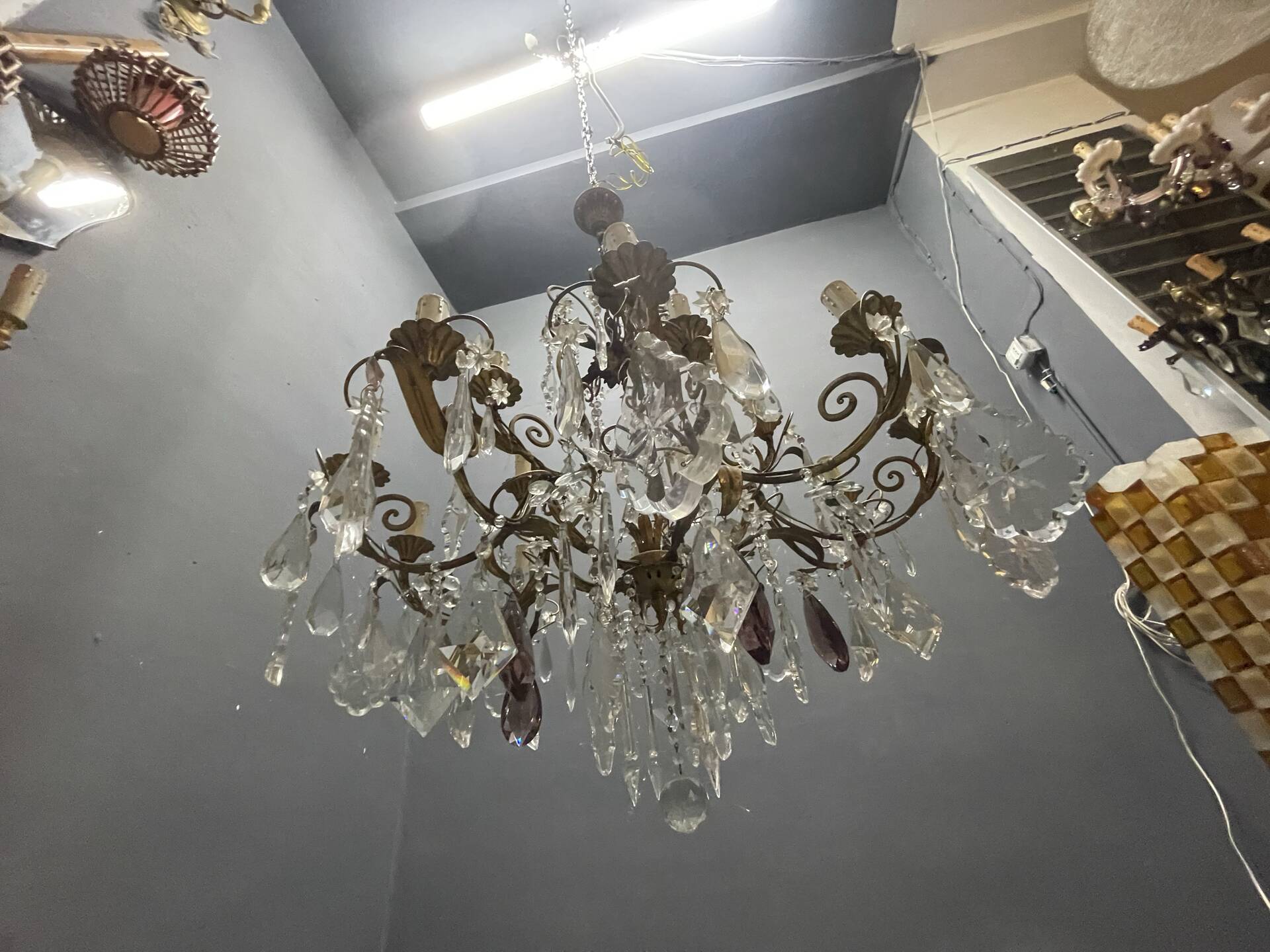 Large Florentine Tole Chandelier with Murano Glass Flowers, Italy, 195