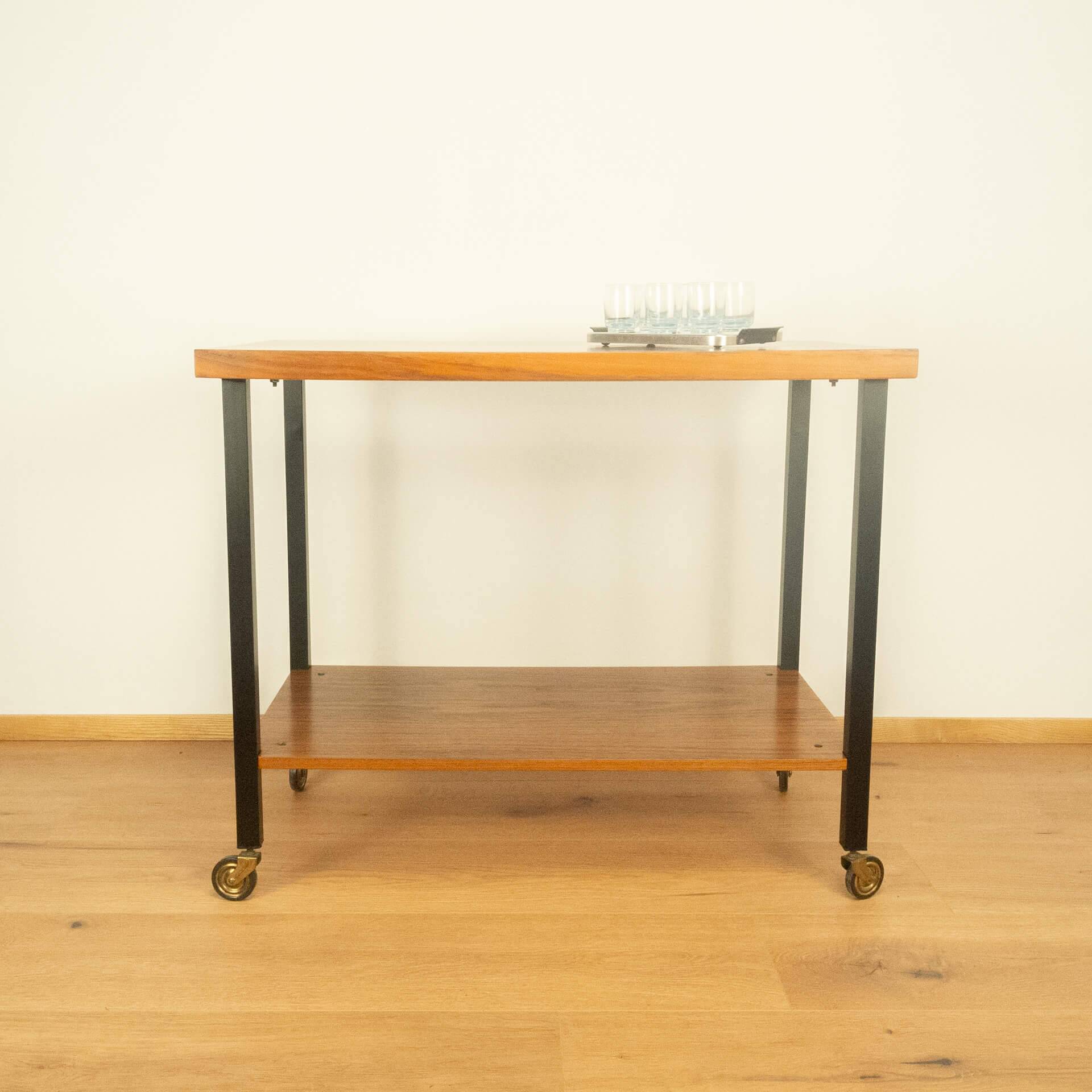 Serving trolley, side table, walnut, metal frame on brass castors, 1960s