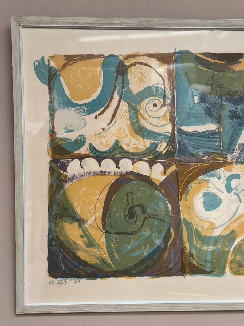 Large Original Swedish Graphic Sheet – "Composition" by Thormod Larsen – 1971 – Vintage and Framed – 79 × 59 cm (31.1" × 23.2")