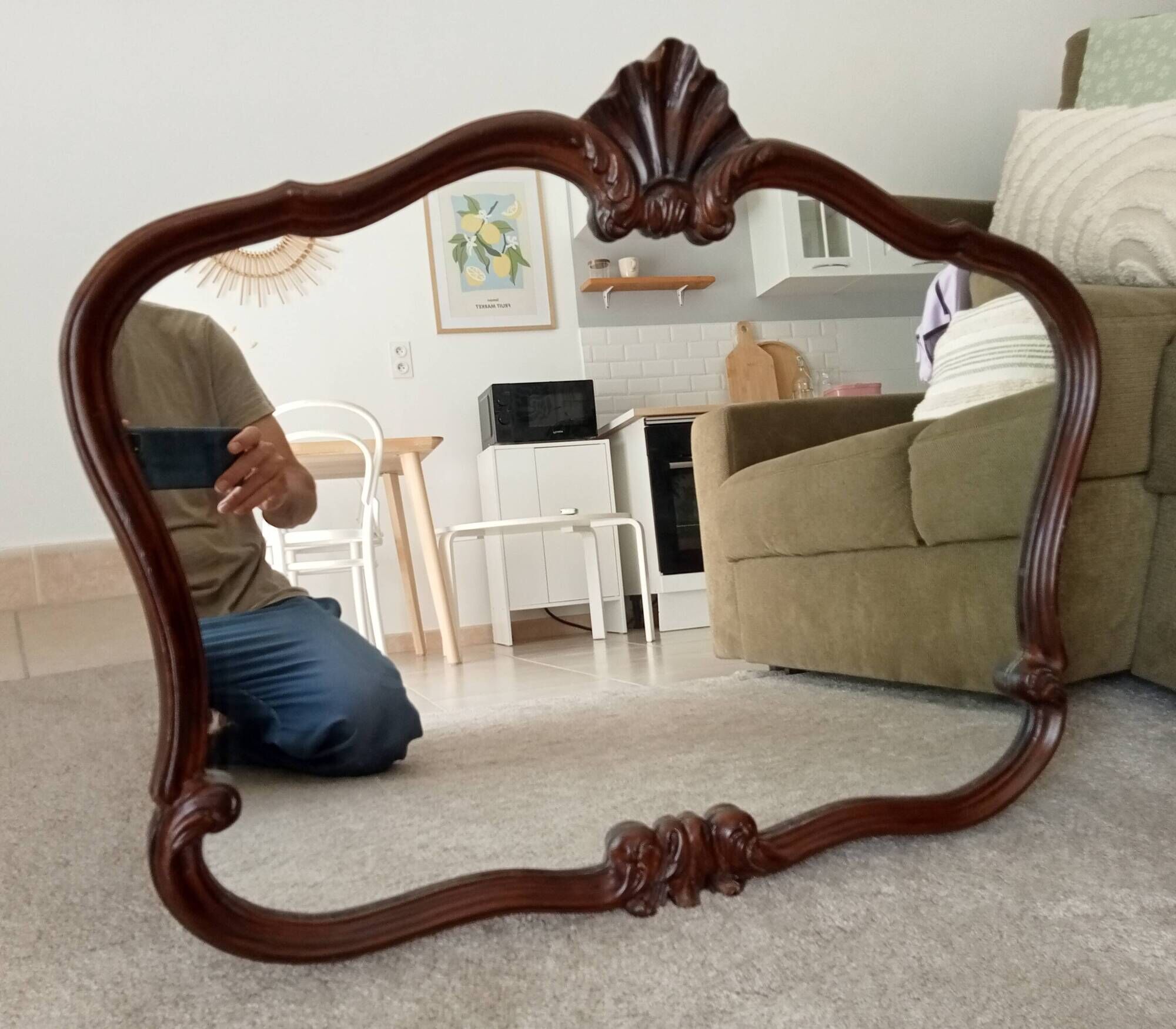 Pair of large antique Rococo style Louis XV mirrors in carved solid wood.