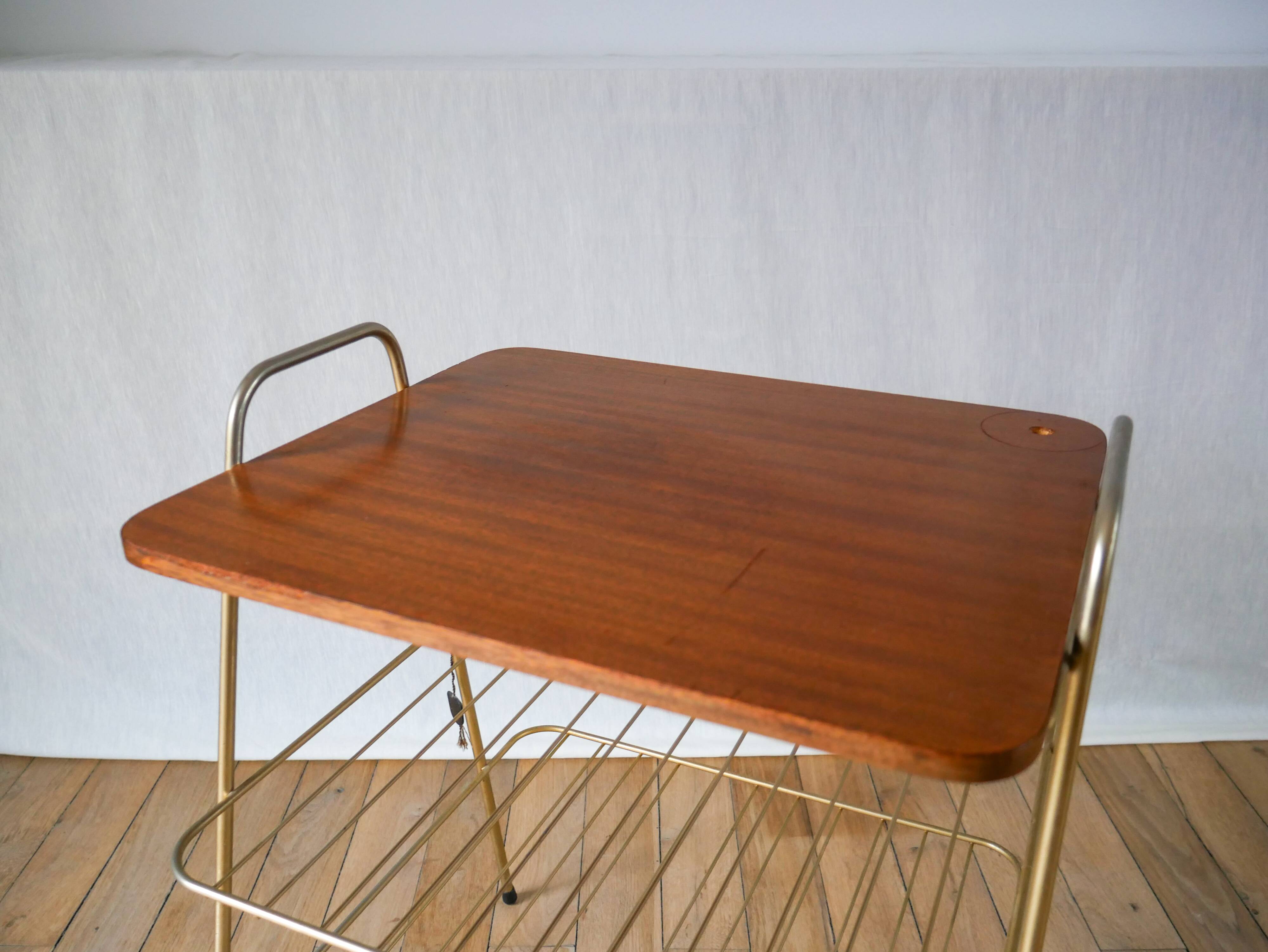 Vinyl trolley in teak and gold metal 1960