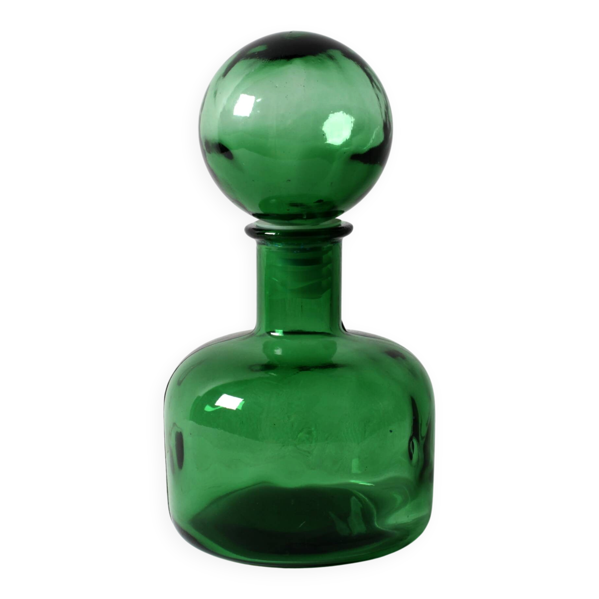 Emerald Green Glass Decanter / Genie Bottle with Stopper / Empoli / 1960s