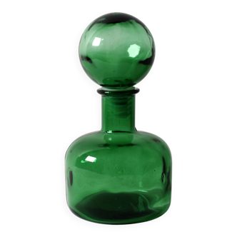 Emerald Green Glass Decanter / Genie Bottle with Stopper / Empoli / 1960s