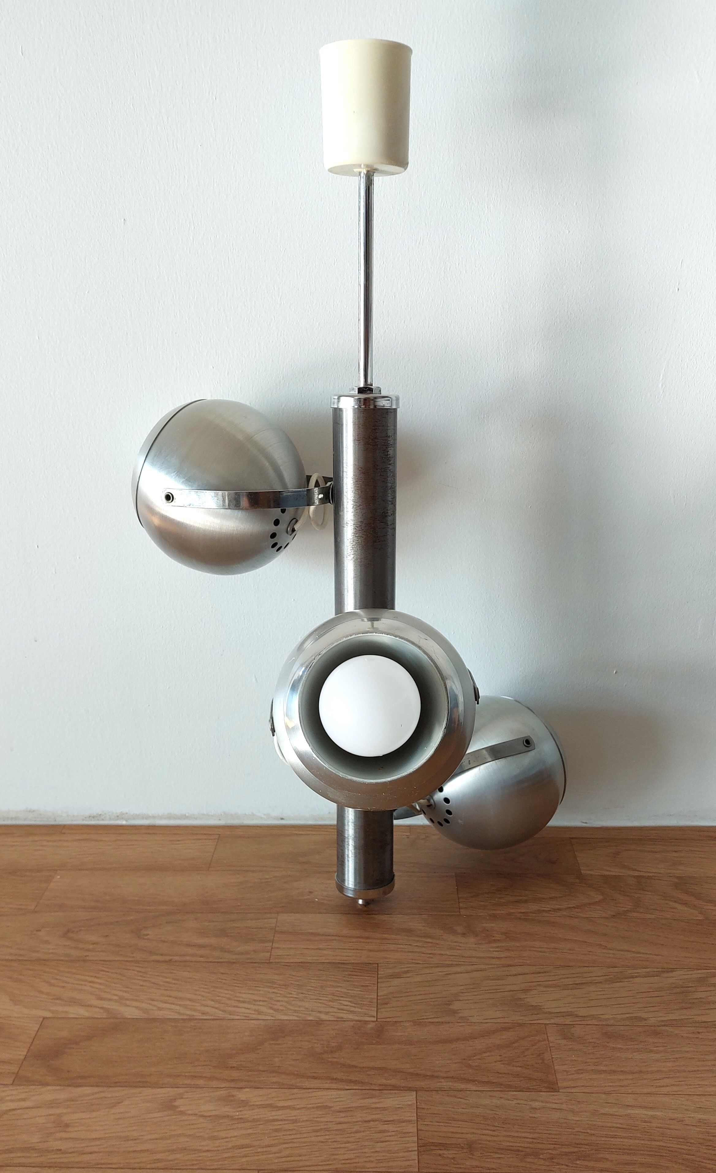 Italian chandelier with three lights in brushed aluminum 1970 "Eyeball"