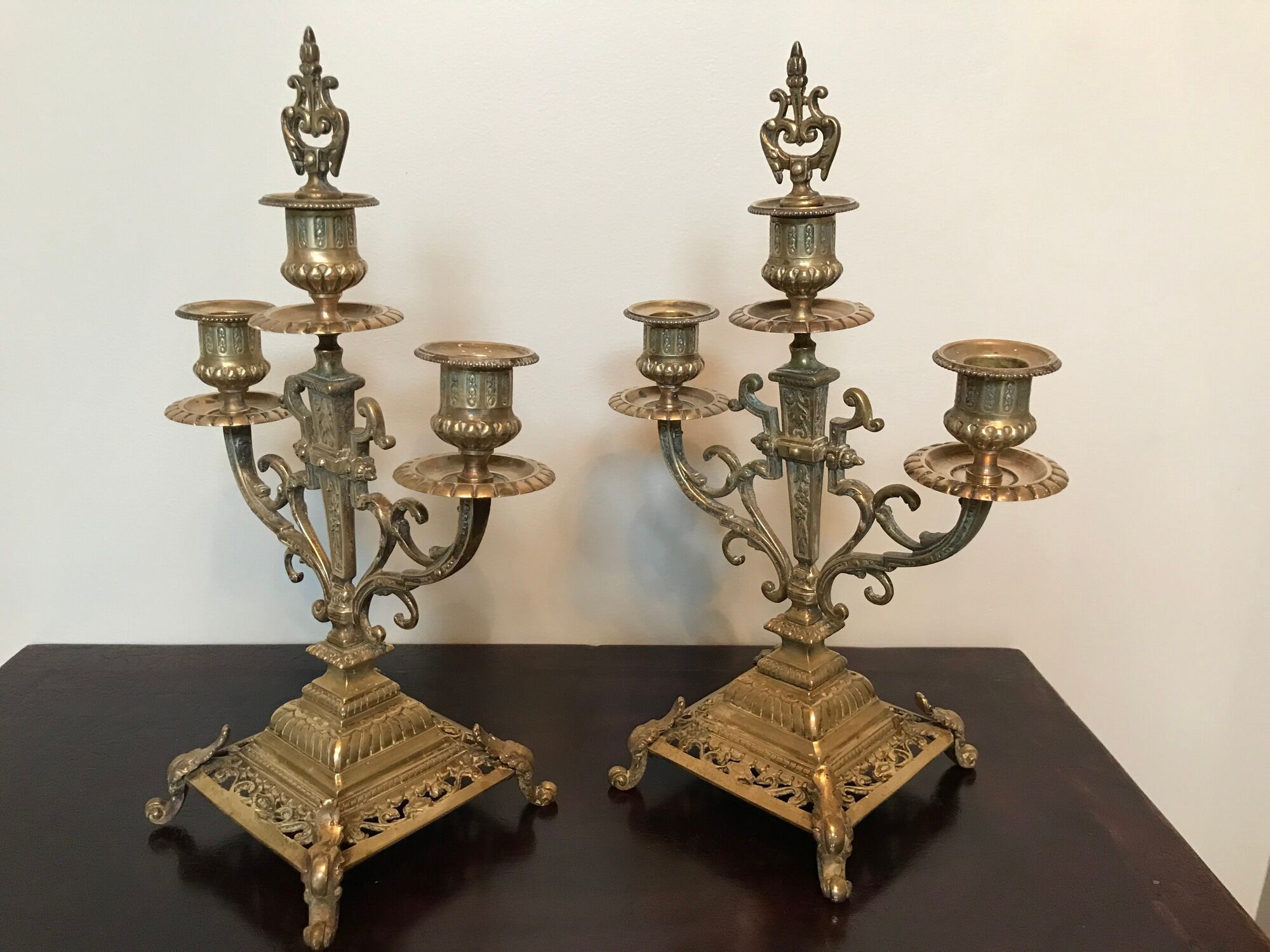 Pair of candelabras or 3-branched chandeliers in gilded bronze late 19th
