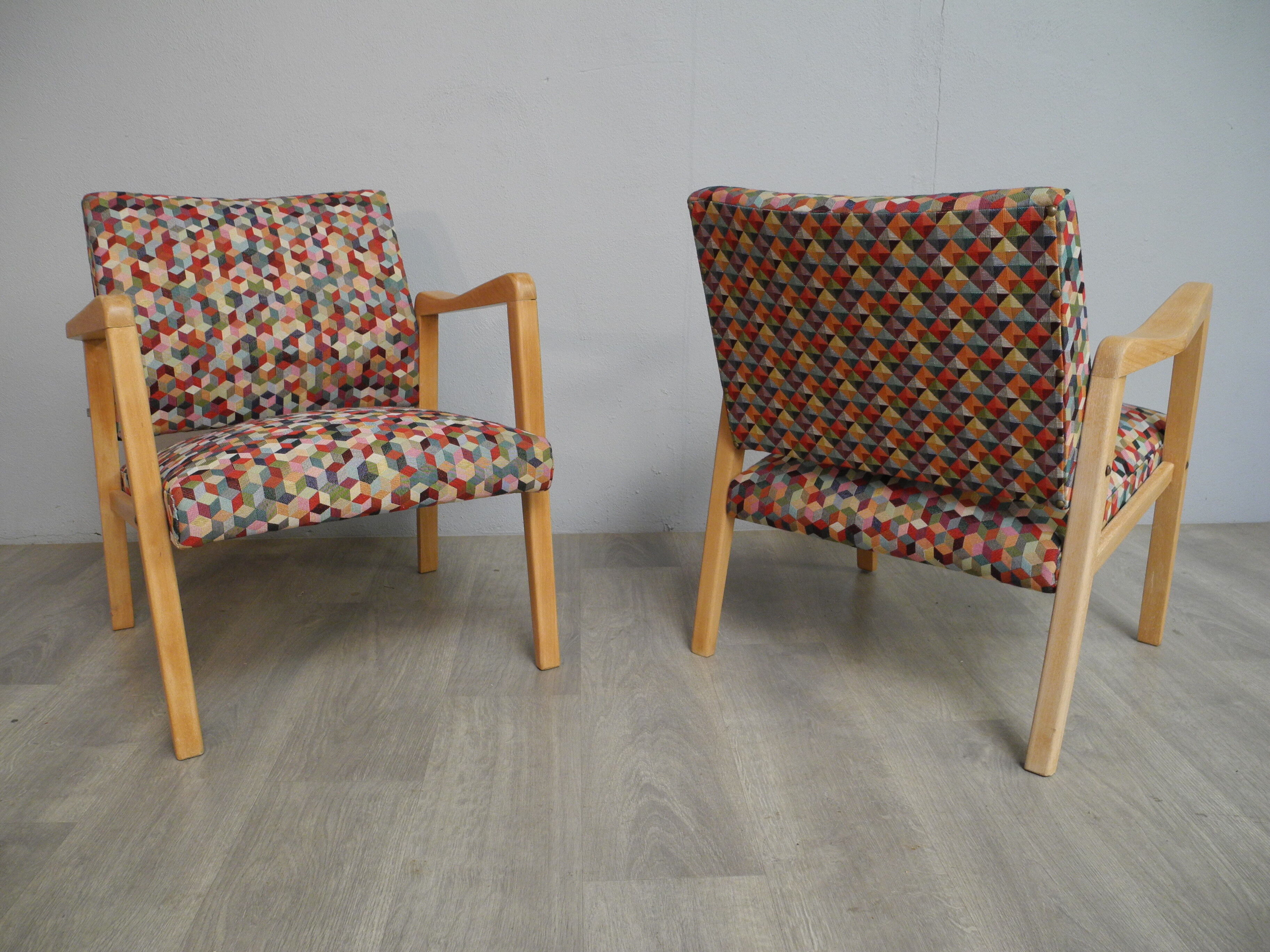 Vintage wood armchairs and fabrics 70s