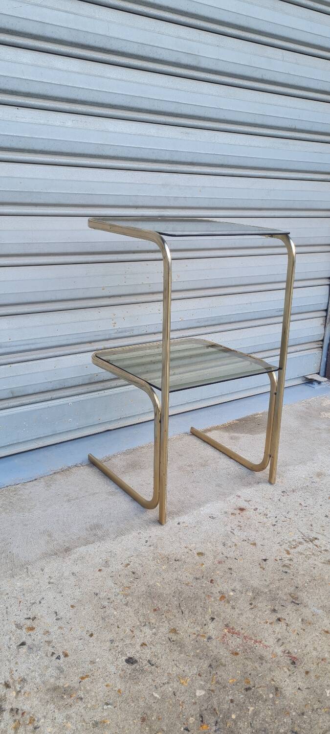 End table in gold metal and smoked glass