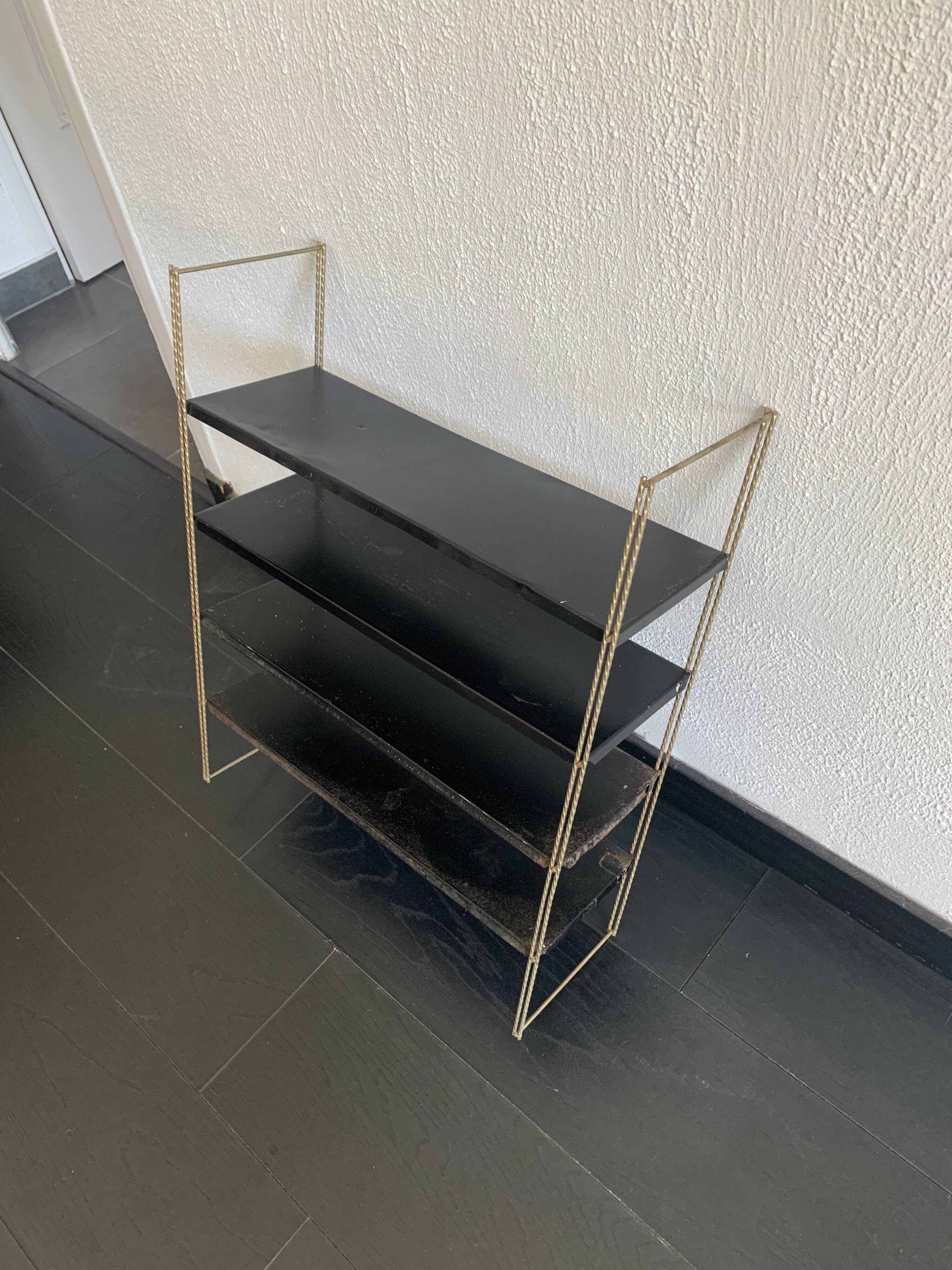 Vintage 1960 String wall shelf black and gold - 60 x 48 cm