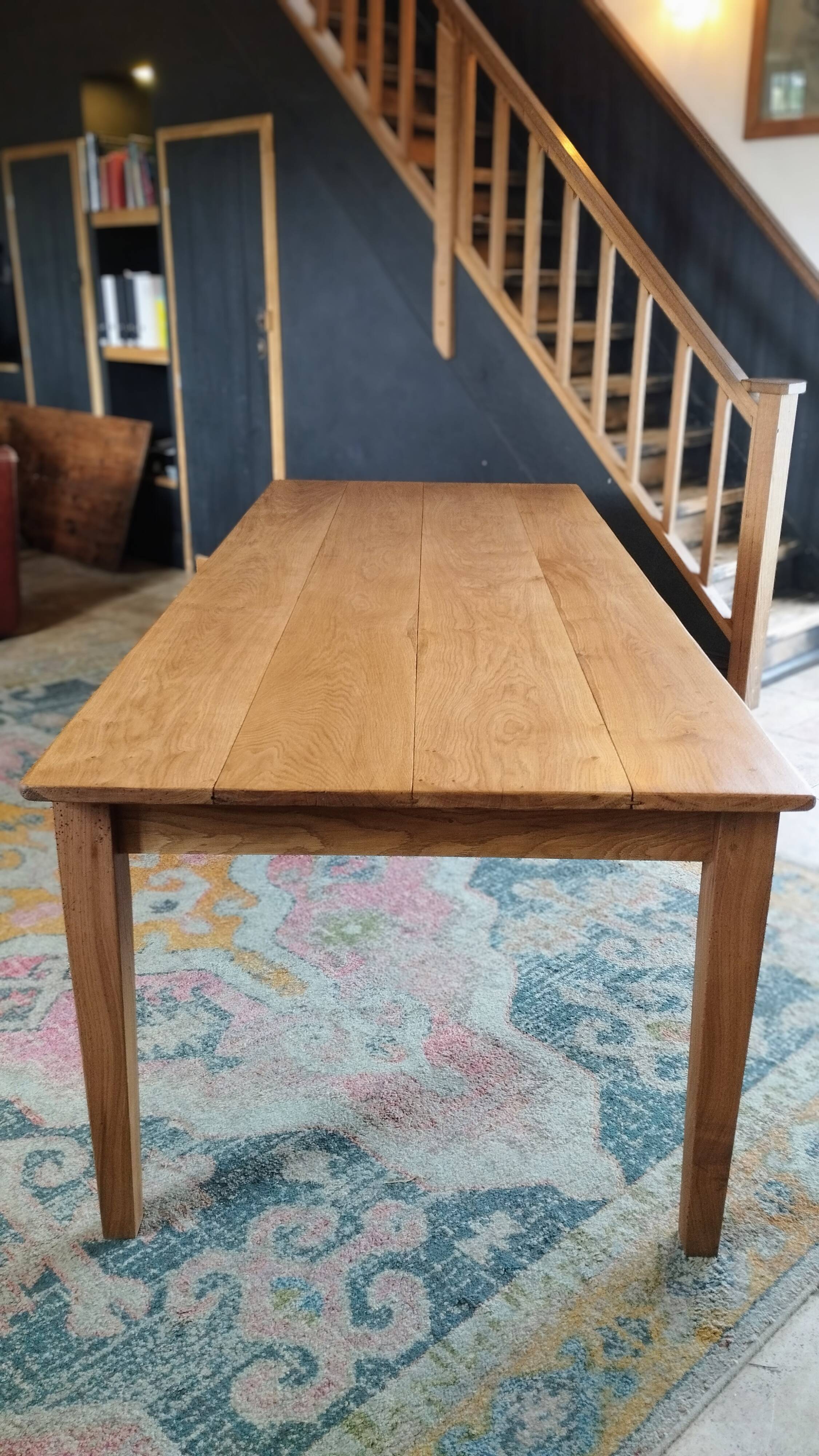 Solid oak farmhouse table, gilded and patinated, two drawers, 260 x 100 cm
