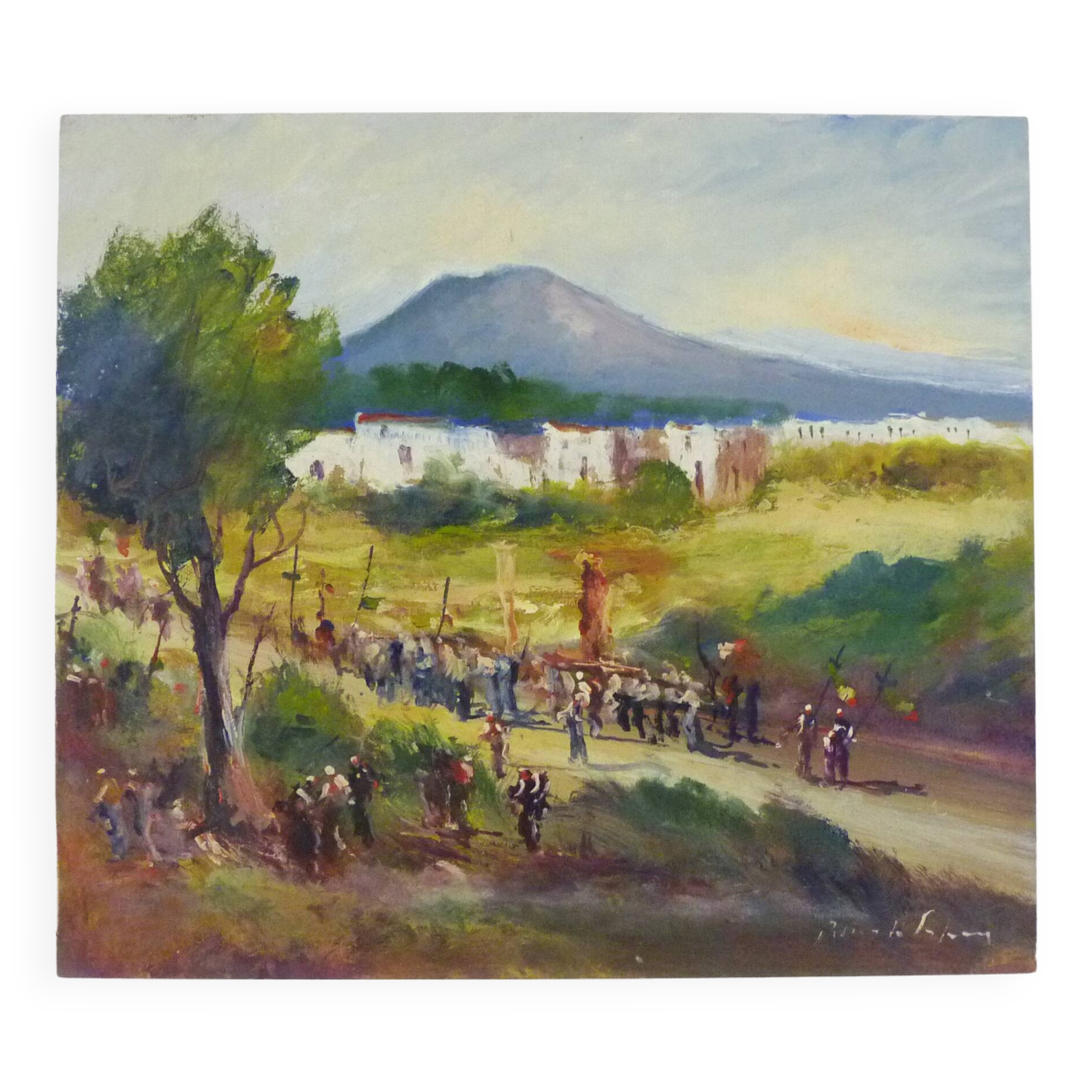 Oil on wood by Riccardo Capone Procession 50s 60s