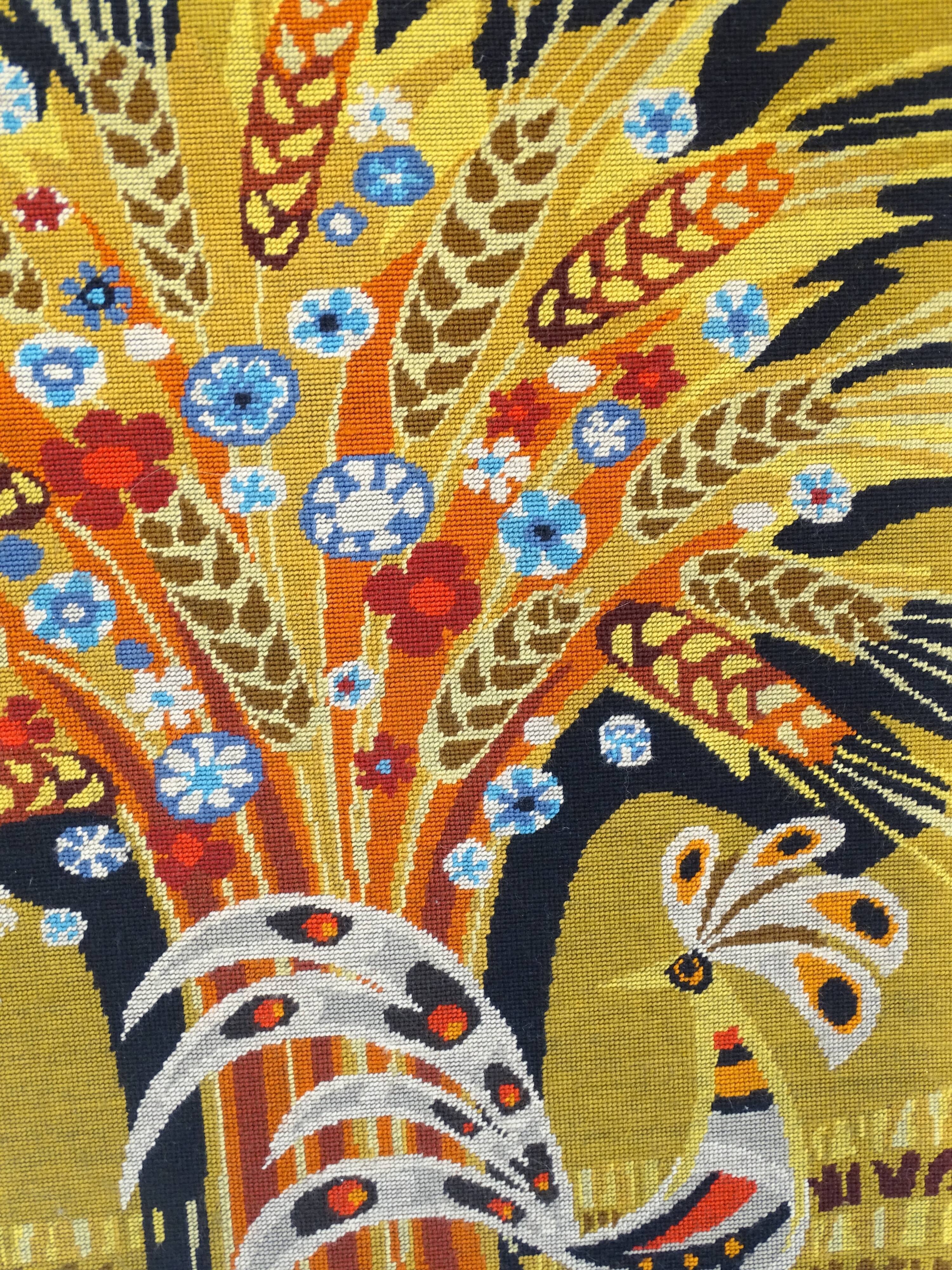 Wall tapestry "the rooster under the bouquet of wheat" signed Rey, circa 1970